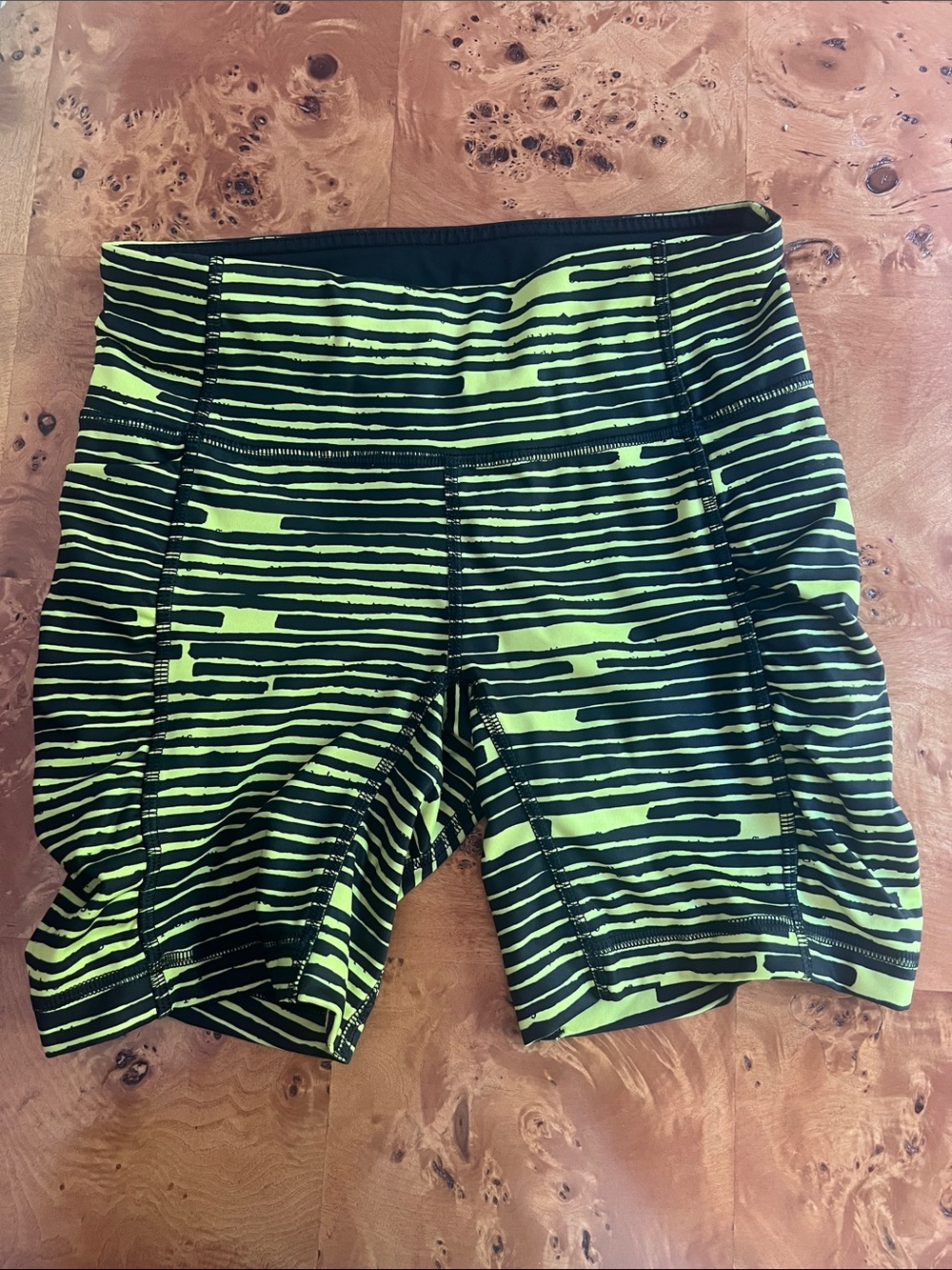 lululemon athletica Neon Green and Black Striped Bike Shorts - Picture 2 of 3